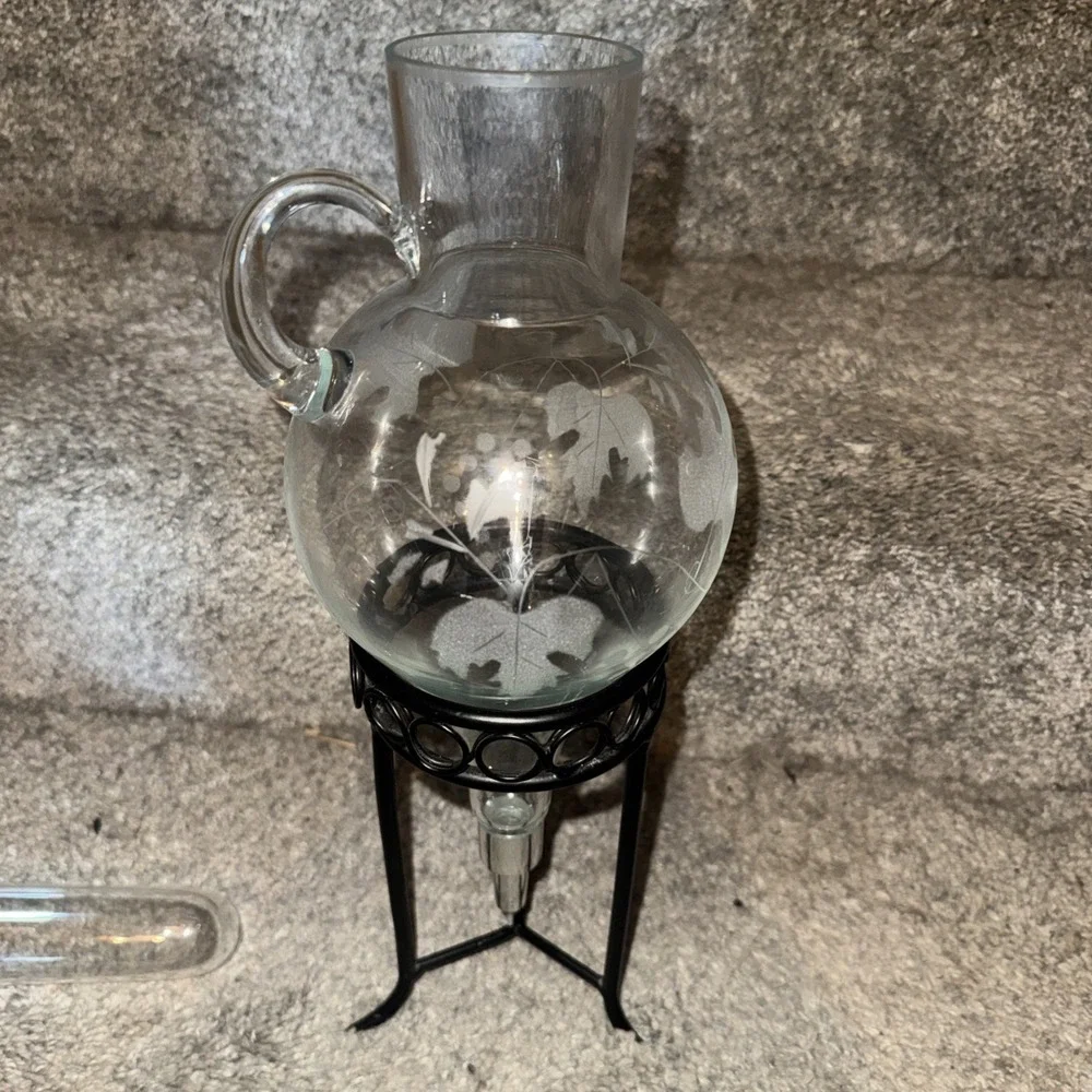 Vintage Wrought Iron Etched Glass Wine Aerator Dispenser Grape Leaves Grapes